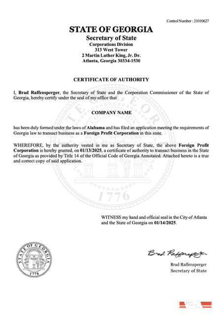 USA Georgia certificate of authority Word and PDF template